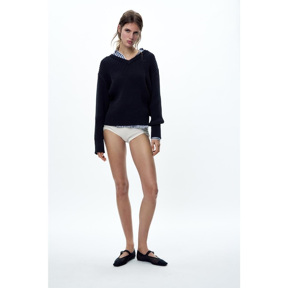 Zara Basic Black Ribbed Knit Stretchy V-Neck Sweater Women's Plus XXL​